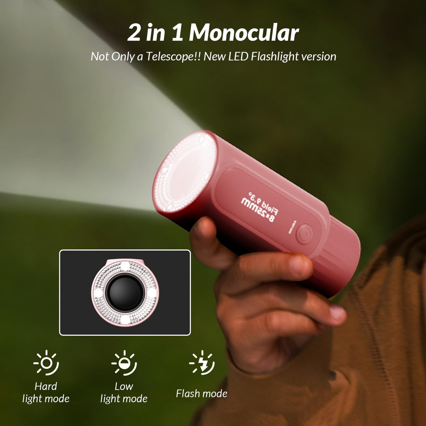 Bestrip 2 in 1 Real Mini Kids Monocular Telescope with LED Flashlights Rechargeable, 8X Zoom, BAK-4 Prism, Outdoor Toys Gifts for Kids Adults Pink