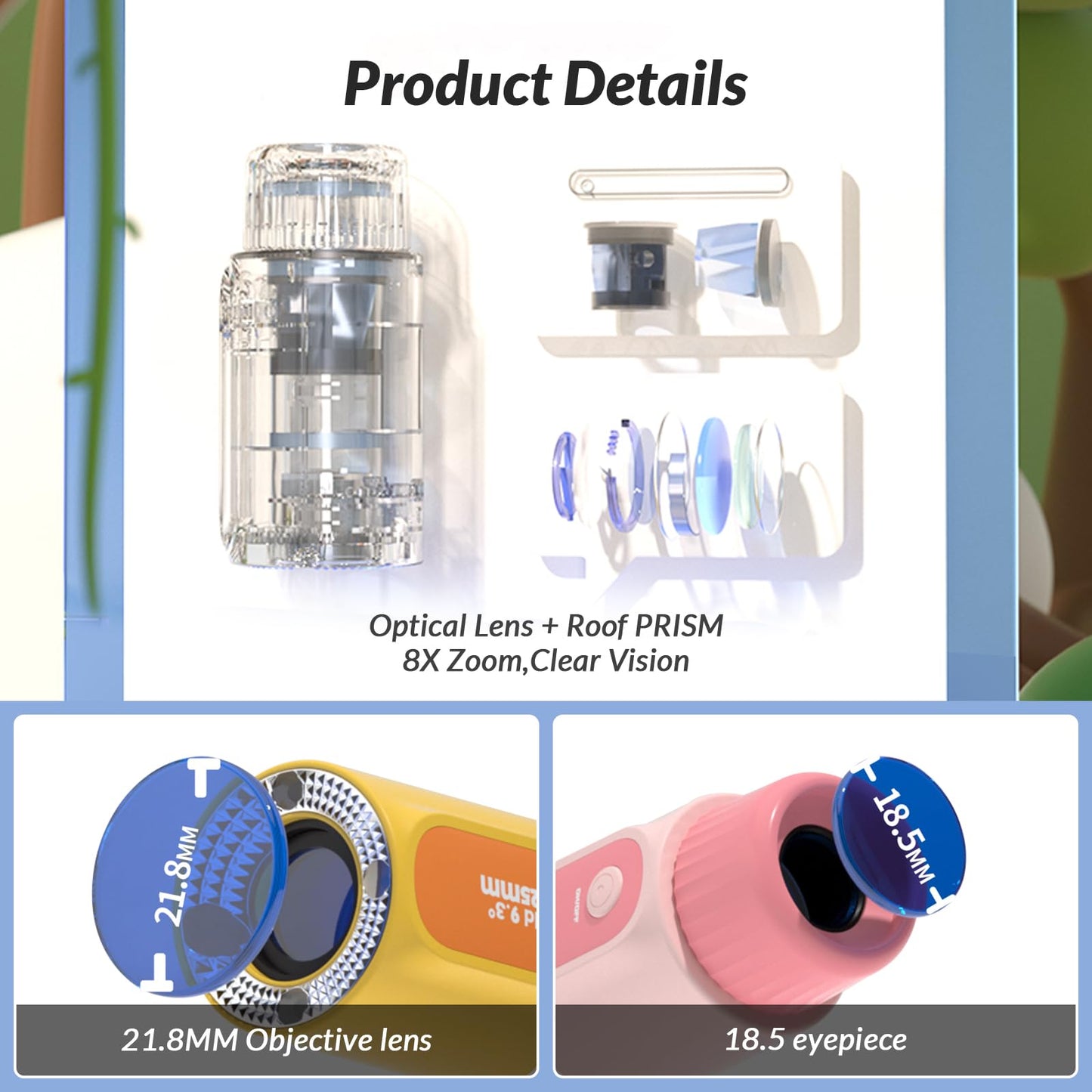 Bestrip 2 in 1 Real Mini Kids Monocular Telescope with LED Flashlights Rechargeable, 8X Zoom, BAK-4 Prism, Outdoor Toys Gifts for Kids Adults Pink