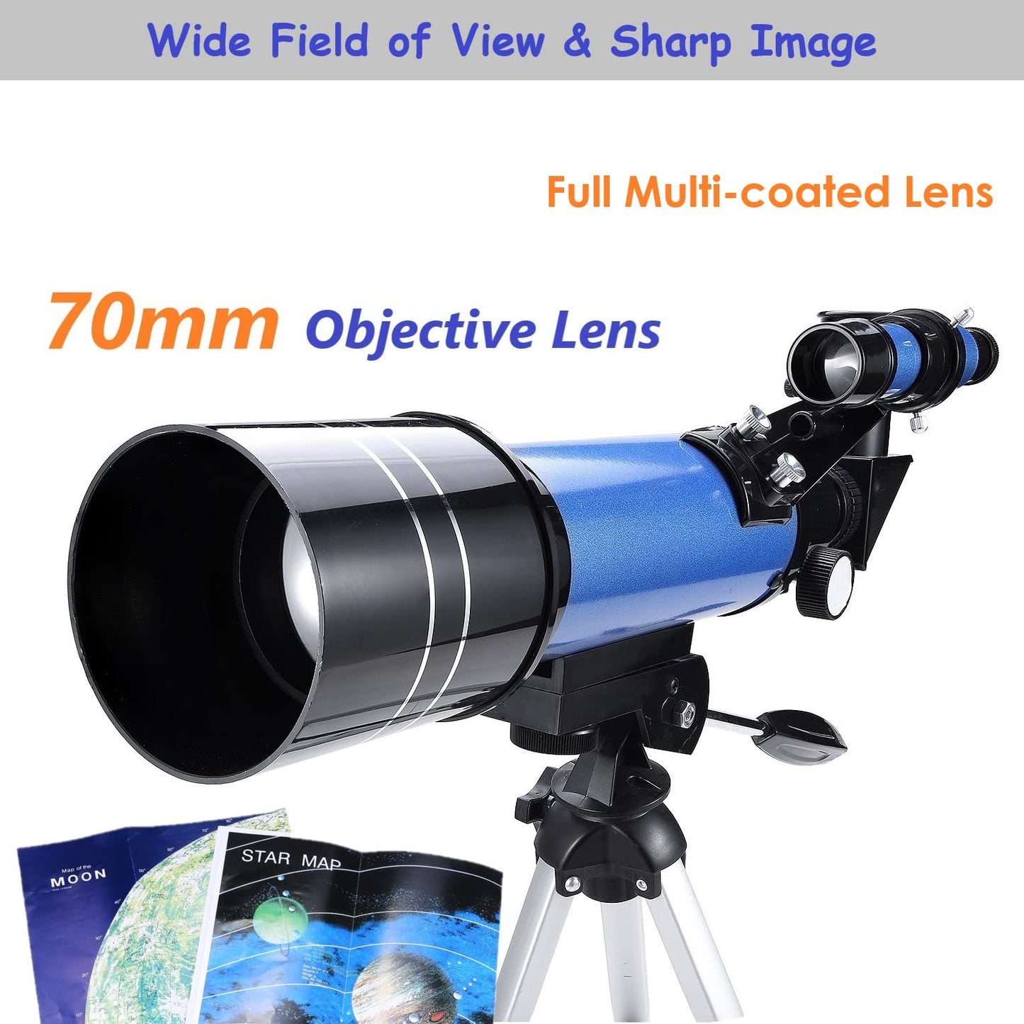 70mm Telescope for Kids & Astronomy Beginners, Refractor Telescope with Tripod & Finder Scope, Portable Telescope with 4 Magnification eyepieces & Phone Adapter Blue