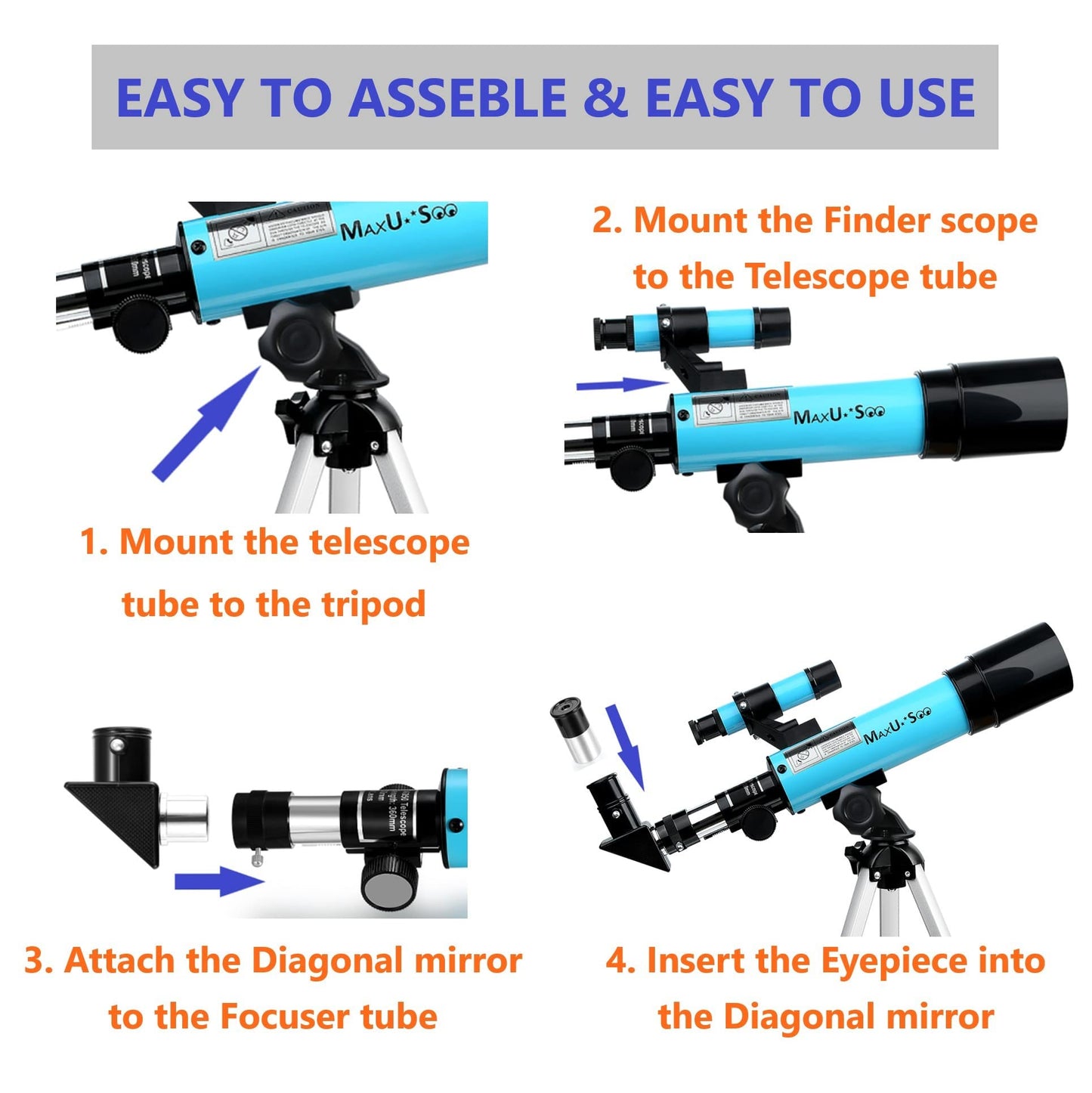 70mm Telescope for Kids & Astronomy Beginners, Refractor Telescope with Tripod & Finder Scope, Portable Telescope with 4 Magnification eyepieces & Phone Adapter Blue