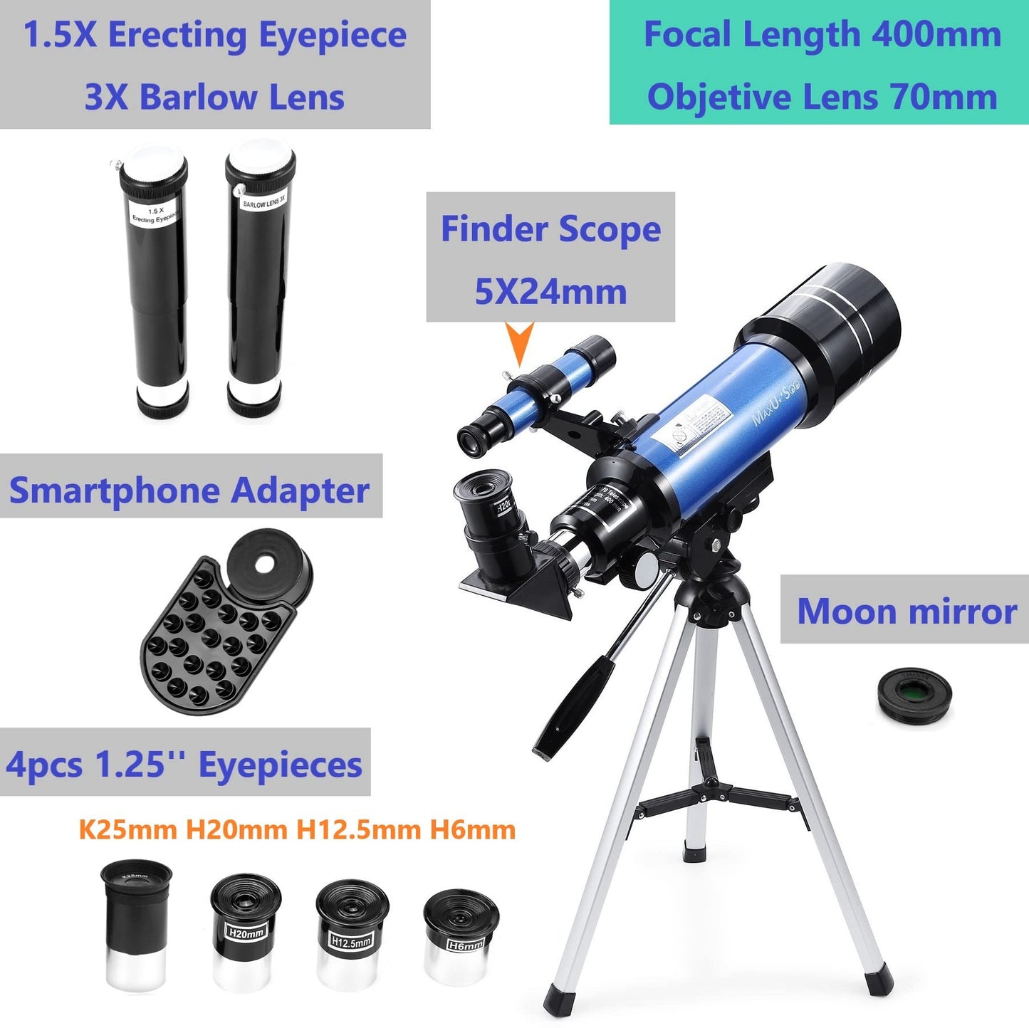 70mm Telescope for Kids & Astronomy Beginners, Refractor Telescope with Tripod & Finder Scope, Portable Telescope with 4 Magnification eyepieces & Phone Adapter Blue