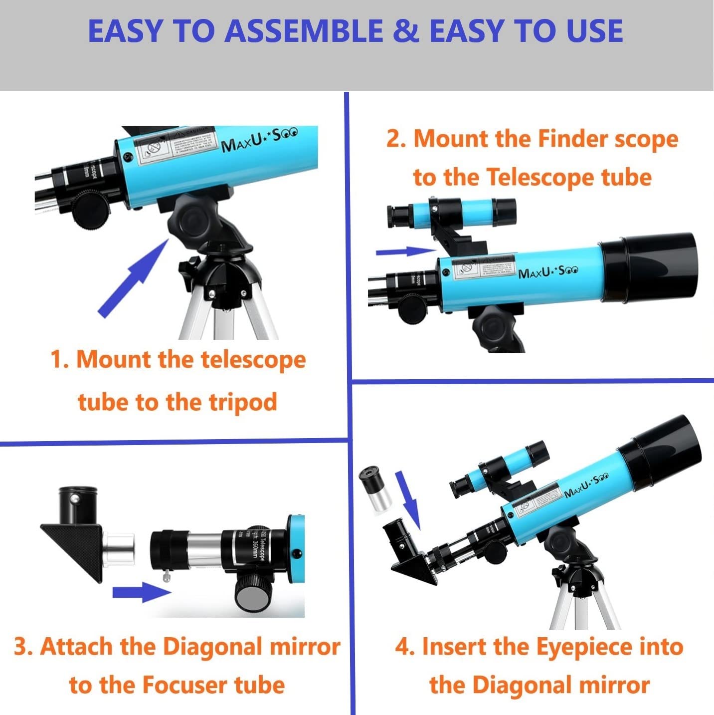 70mm Telescope for Kids & Astronomy Beginners, Refractor Telescope with Tripod & Finder Scope, Portable Telescope with 4 Magnification eyepieces & Phone Adapter Blue