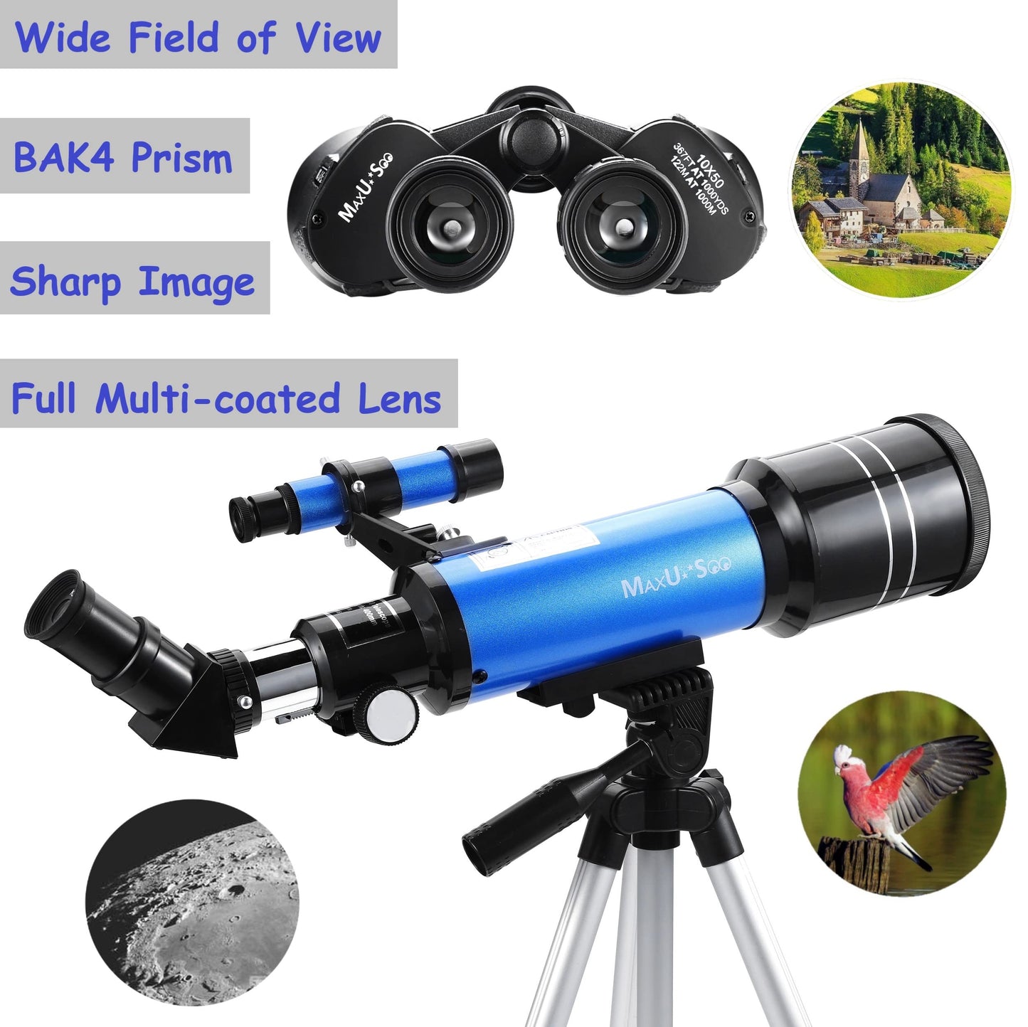 70mm Telescope for Kids & Astronomy Beginners, Refractor Telescope with Tripod & Finder Scope, Portable Telescope with 4 Magnification eyepieces & Phone Adapter Blue