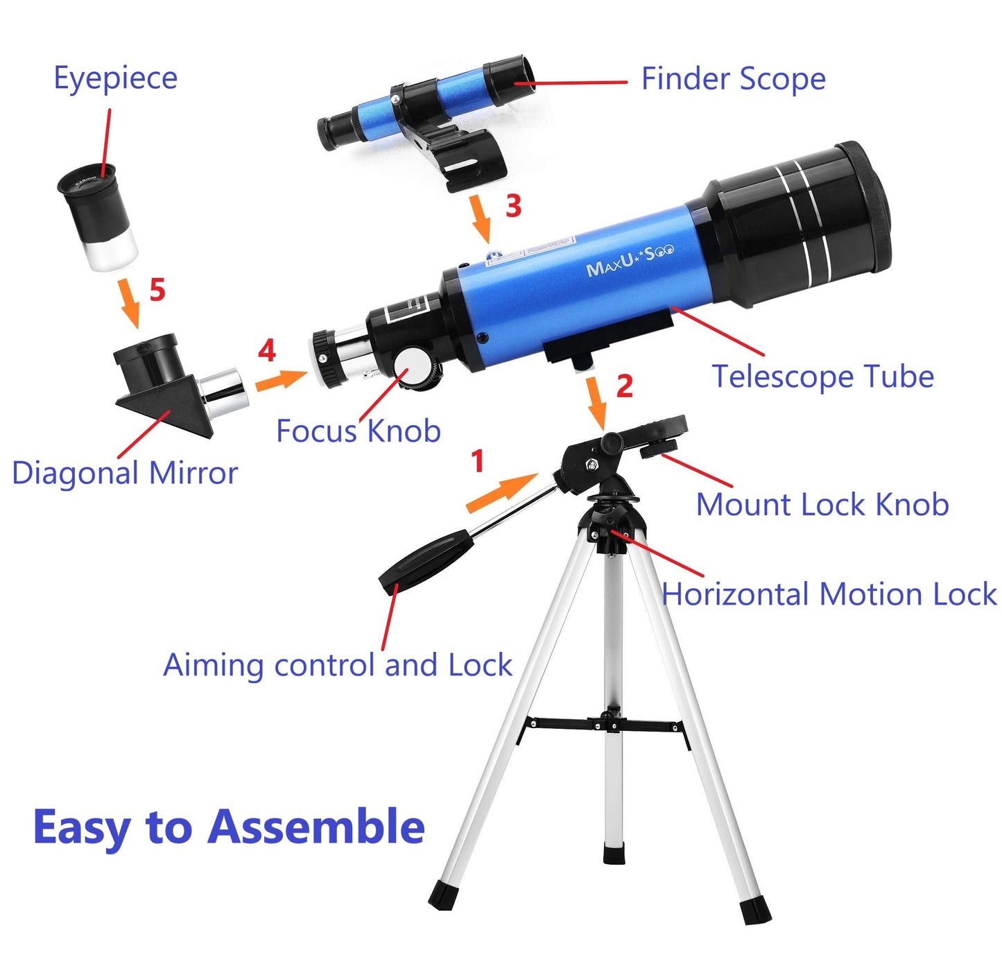 70mm Telescope for Kids & Astronomy Beginners, Refractor Telescope with Tripod & Finder Scope, Portable Telescope with 4 Magnification eyepieces & Phone Adapter Blue