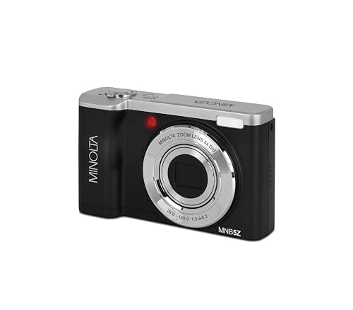 Minolta 56MP Dual Lens Digital Camera – 5X Optical Zoom, 5K Ultra HD Video, CMOS Sensor, 2.8-inch LCD Screen, Stabilization, Selfie Lens, 32GB Card, Rechargeable Battery (Black)