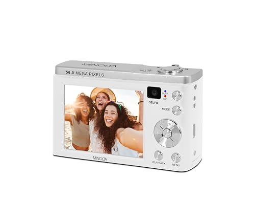 Minolta 56MP Dual Lens Digital Camera – 5X Optical Zoom, 5K Ultra HD Video, CMOS Sensor, 2.8-inch LCD Screen, Stabilization, Selfie Lens, 32GB Card, Rechargeable Battery (Black)