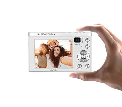 Minolta 56MP Dual Lens Digital Camera – 5X Optical Zoom, 5K Ultra HD Video, CMOS Sensor, 2.8-inch LCD Screen, Stabilization, Selfie Lens, 32GB Card, Rechargeable Battery (Black)
