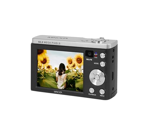 Minolta 56MP Dual Lens Digital Camera – 5X Optical Zoom, 5K Ultra HD Video, CMOS Sensor, 2.8-inch LCD Screen, Stabilization, Selfie Lens, 32GB Card, Rechargeable Battery (Black)