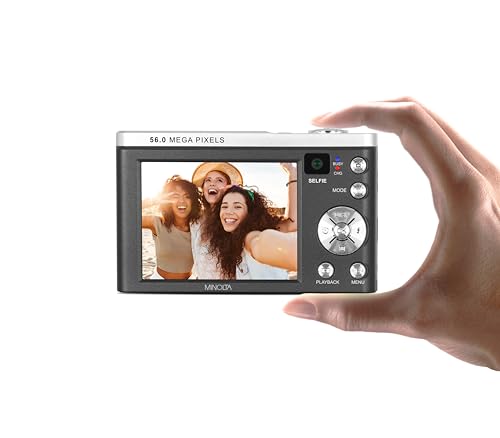 Minolta 56MP Dual Lens Digital Camera – 5X Optical Zoom, 5K Ultra HD Video, CMOS Sensor, 2.8-inch LCD Screen, Stabilization, Selfie Lens, 32GB Card, Rechargeable Battery (Black)