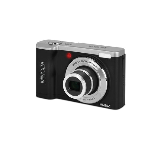 Minolta 56MP Dual Lens Digital Camera – 5X Optical Zoom, 5K Ultra HD Video, CMOS Sensor, 2.8-inch LCD Screen, Stabilization, Selfie Lens, 32GB Card, Rechargeable Battery (Black)