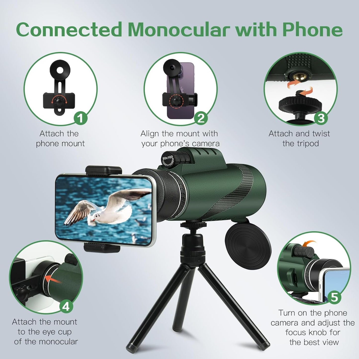 Monocular Telescope, 80x100 HD Monoculars for Adults with Smartphone Tripod, High Power Monocular with BAK4 Prism for Super Bowl, Bird Watching, Hunting, Concert, Travelling