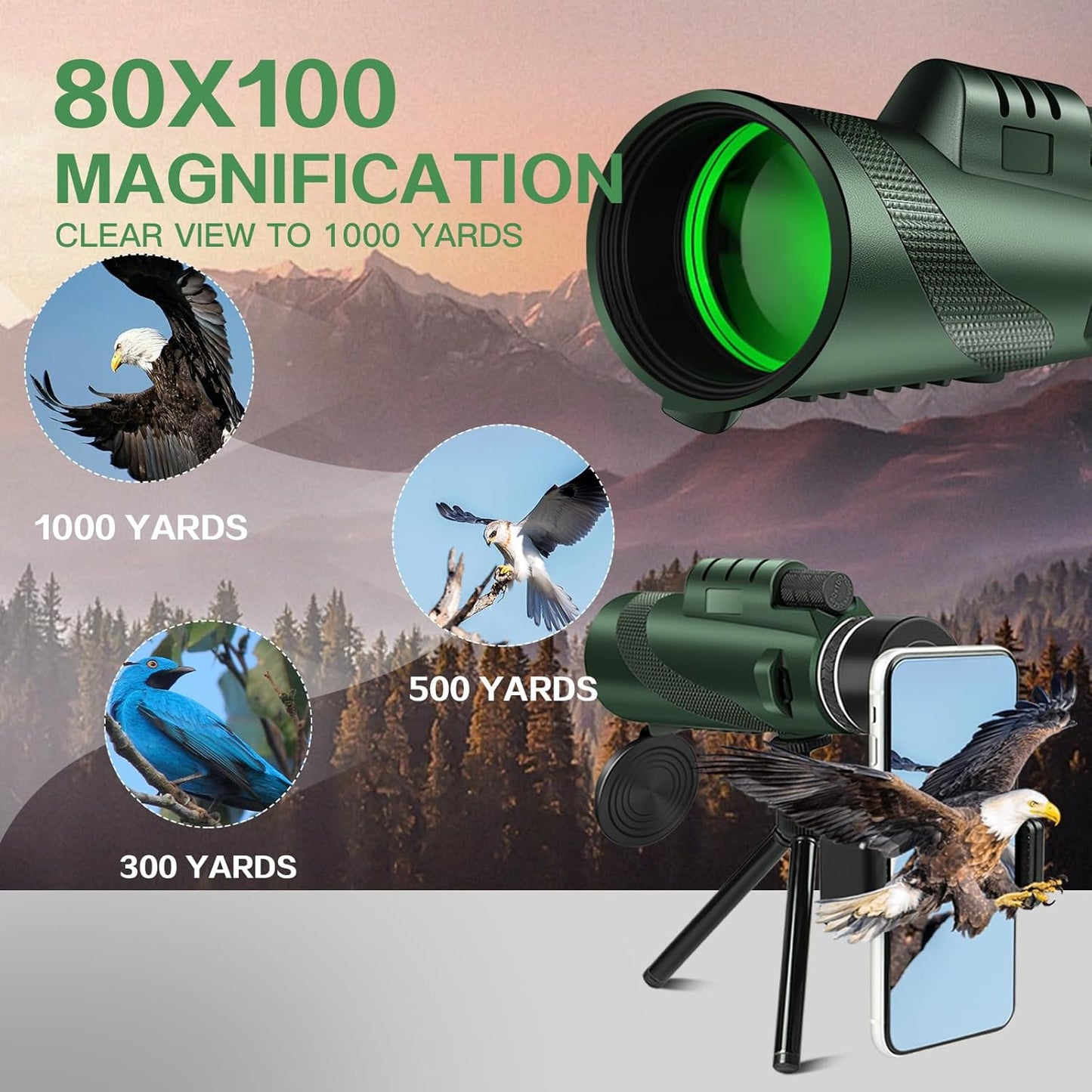 Monocular Telescope, 80x100 HD Monoculars for Adults with Smartphone Tripod, High Power Monocular with BAK4 Prism for Super Bowl, Bird Watching, Hunting, Concert, Travelling