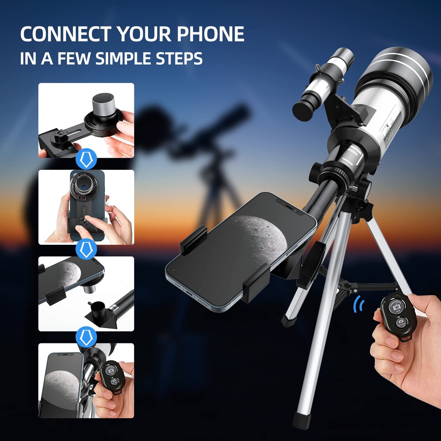 Telescope for Adults Beginners, 70mm Aperture 400mm Aperture Refractor Telescopes for Astronomy Beginners, Portable Travel Telescope Astronomy Gifts