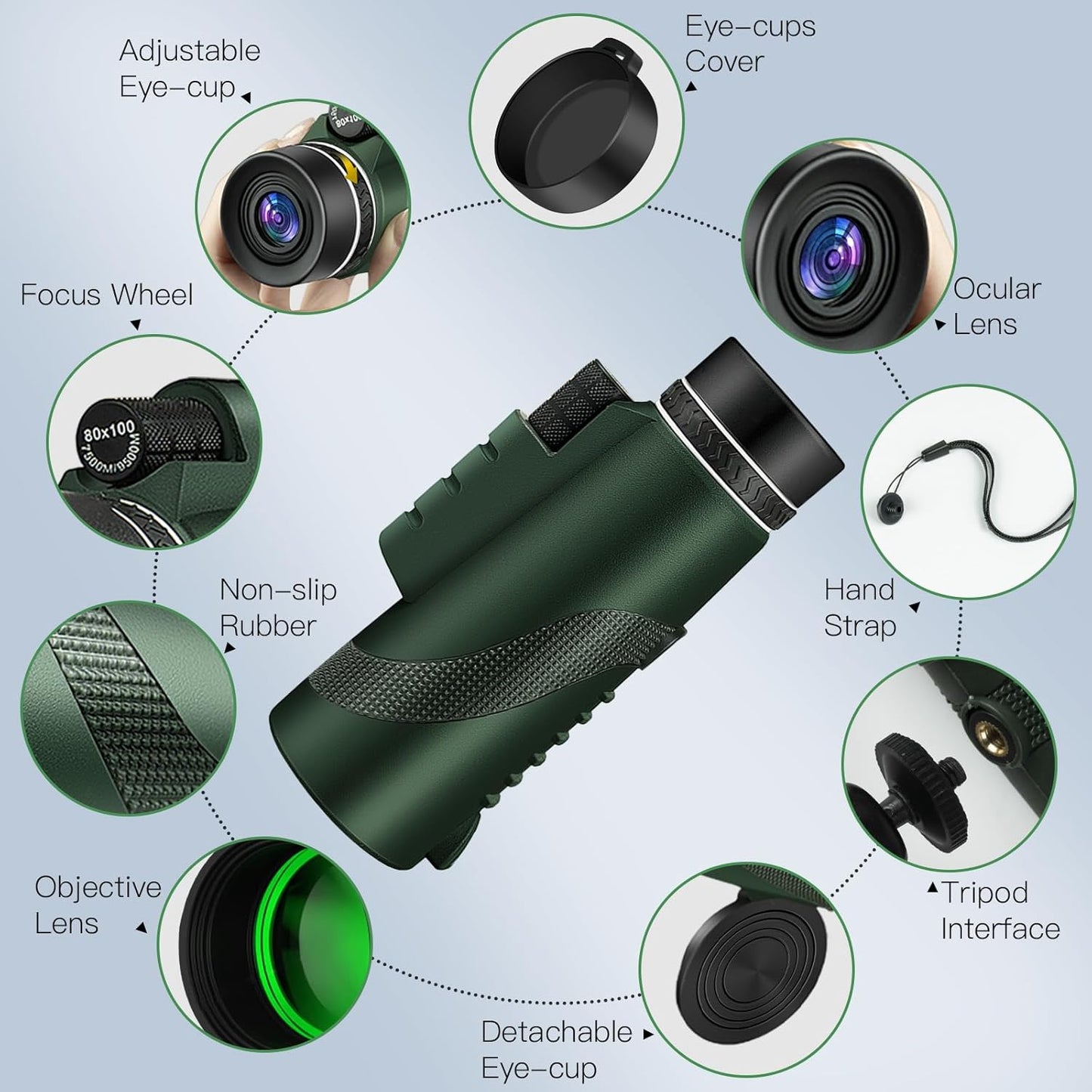 Monocular Telescope, 80x100 HD Monoculars for Adults with Smartphone Tripod, High Power Monocular with BAK4 Prism for Super Bowl, Bird Watching, Hunting, Concert, Travelling