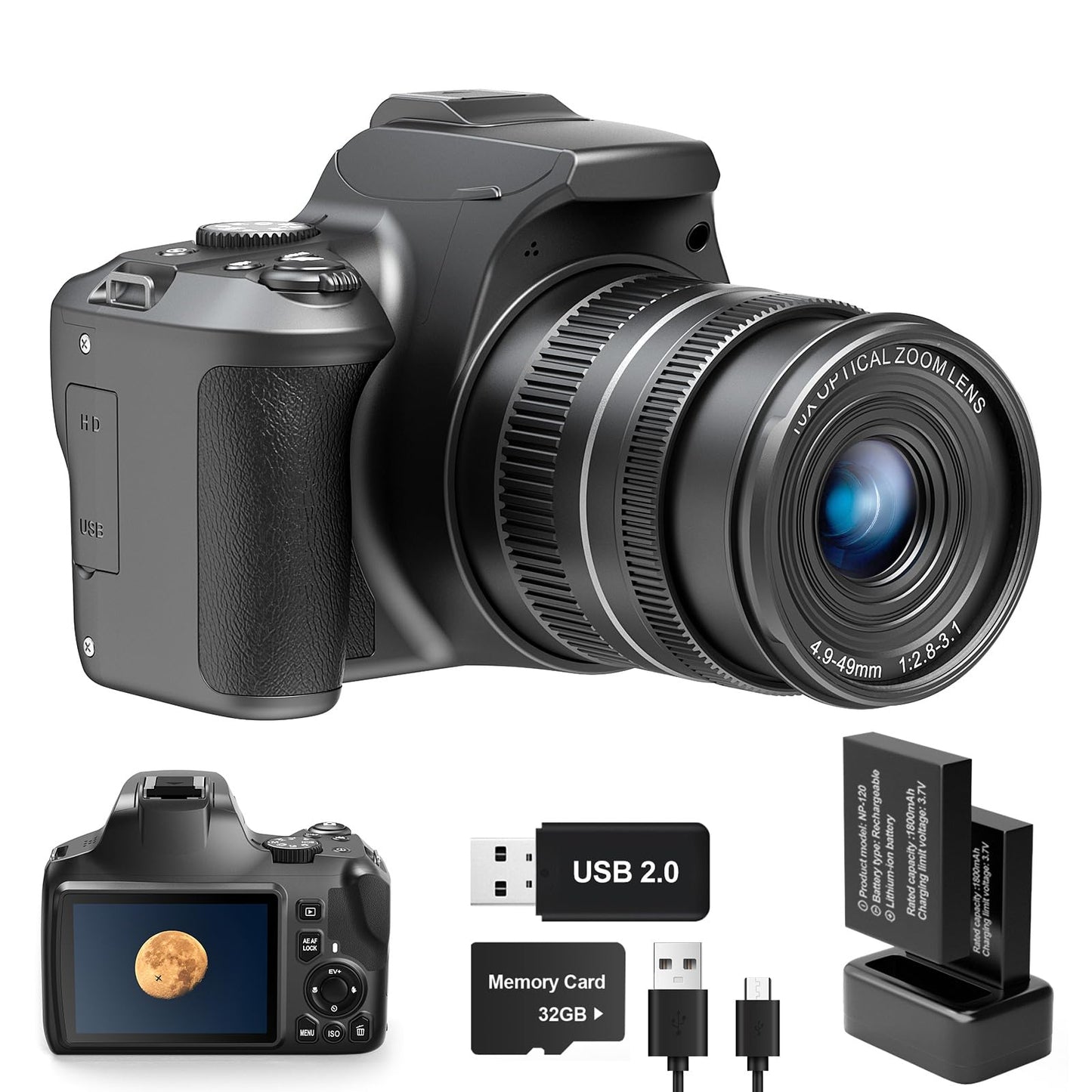 4K Digital Camera with 40X Zoom，64MP DSLR Camera for Photography Beginners，Autofocus 1080P HD Vlogging Camera with EIS，32GB SD Card，2 Batteries (2501)