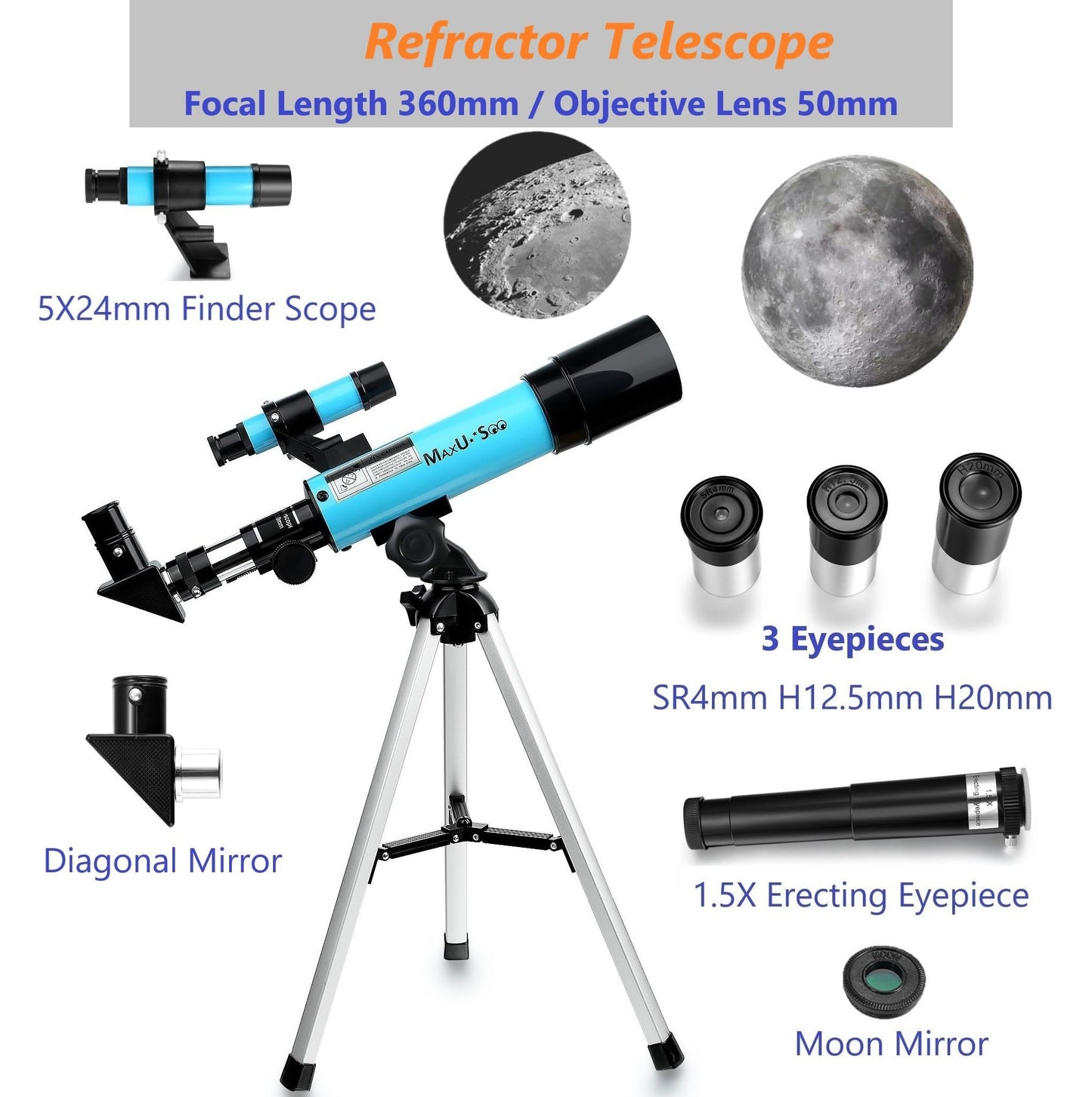 70mm Telescope for Kids & Astronomy Beginners, Refractor Telescope with Tripod & Finder Scope, Portable Telescope with 4 Magnification eyepieces & Phone Adapter Blue