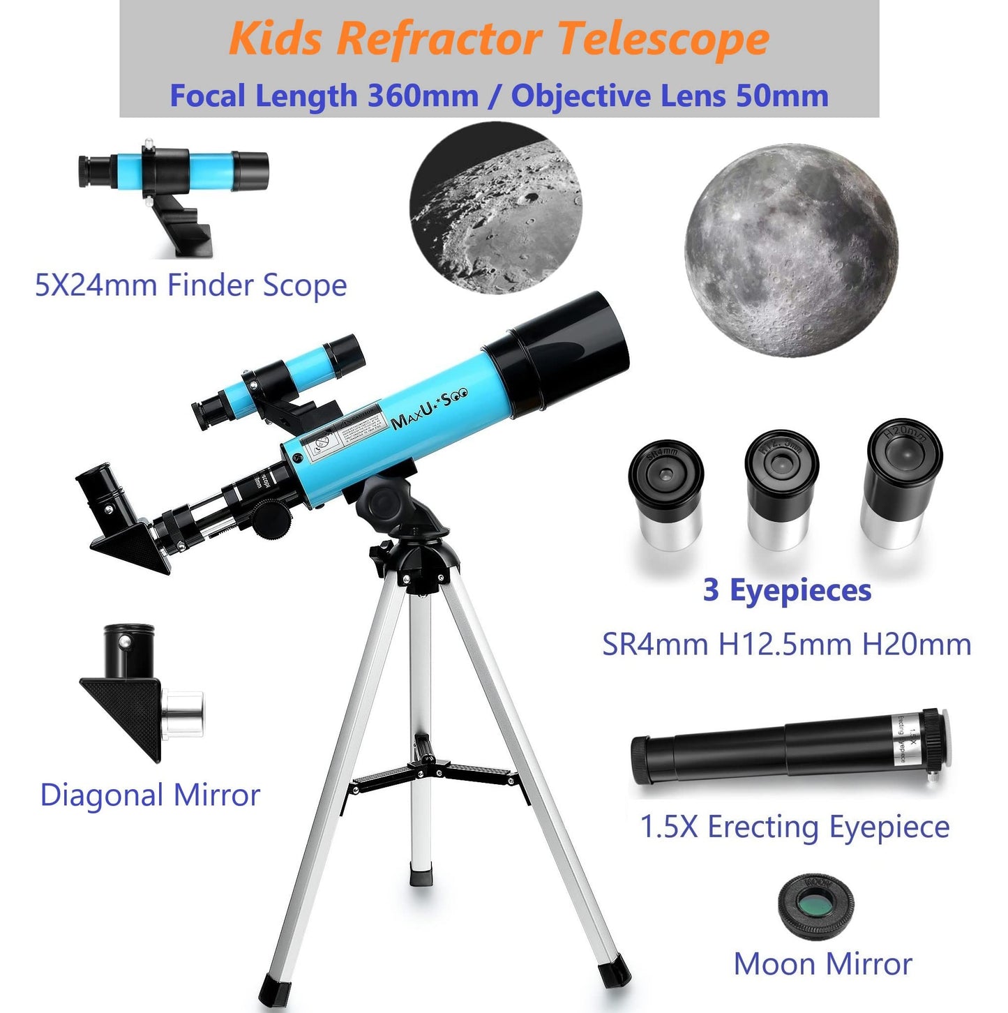 70mm Telescope for Kids & Astronomy Beginners, Refractor Telescope with Tripod & Finder Scope, Portable Telescope with 4 Magnification eyepieces & Phone Adapter Blue
