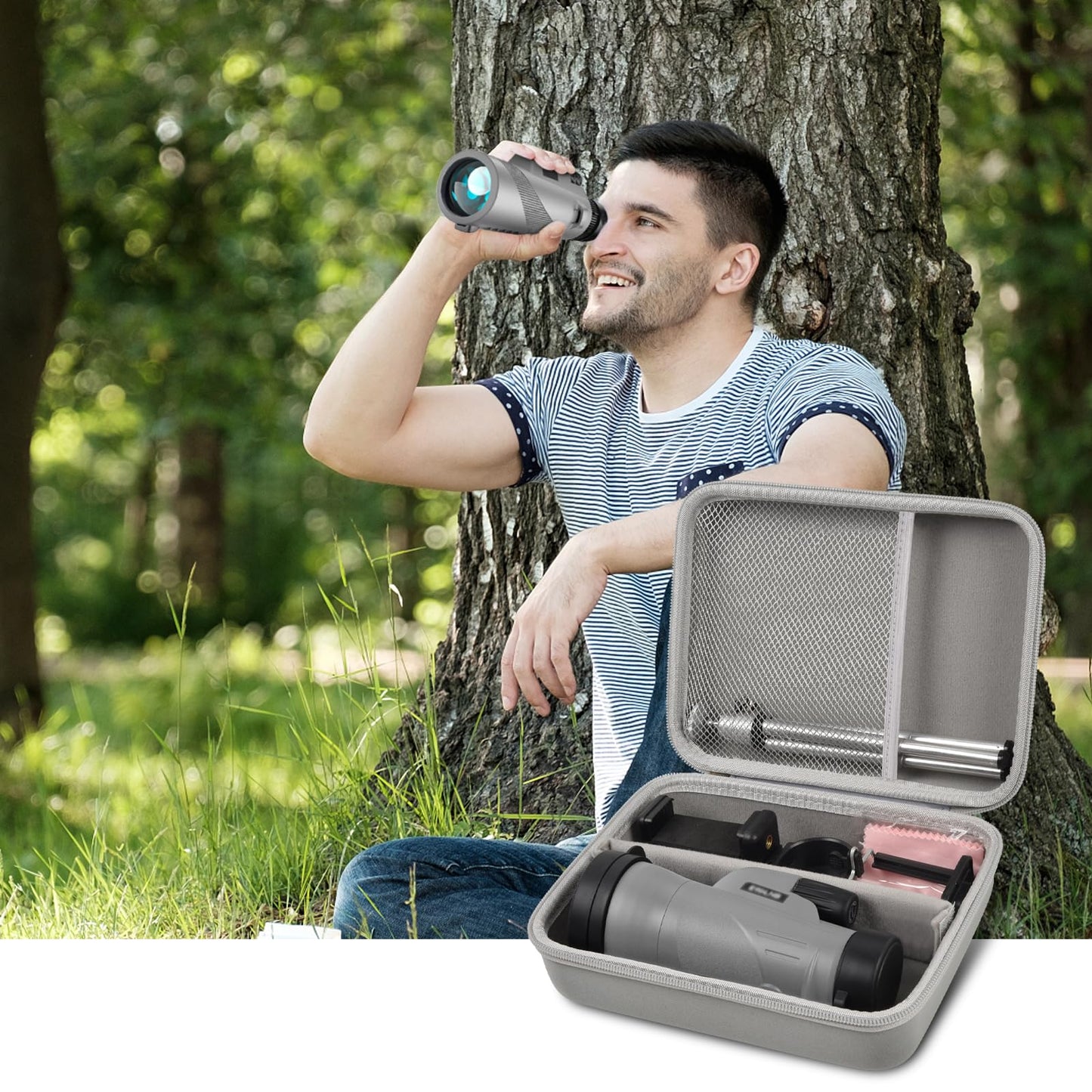 Monocular Telescope Case Compatible with Gosky 12x55/ for Eullsi/for PhysioPhyx 80x100/ for Pankoo 12x50/ for Titan 12x55 High Definition Monocular Telescope and Smartphone Holder & Tripod-Grey