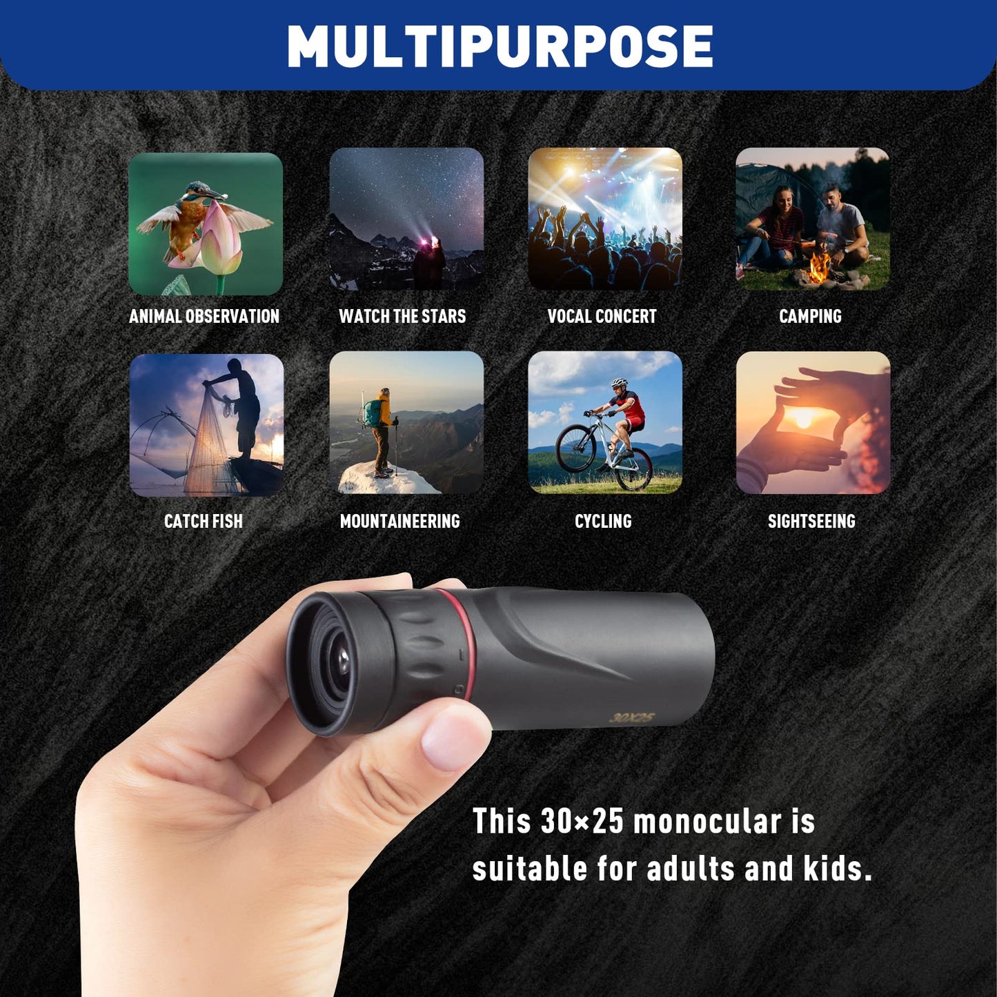 Monocular Telescope, Upgrade 30 x 25 HD Monoculars for Adults High Powered, Be Used for Stargazing, Hunting, Black